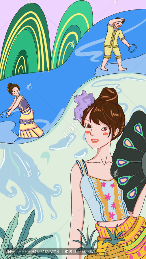 廣西貴港潑水節(jié)民俗文化手繪插畫(huà)