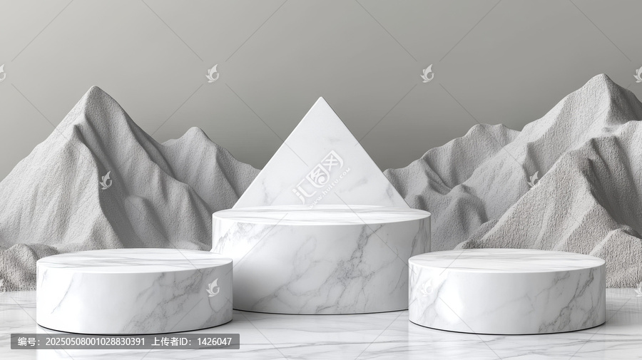 白色大理石展臺與山脈背景