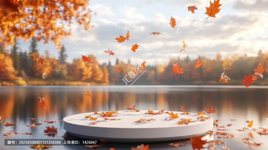 秋葉飄落湖畔白圓形展示臺(tái)