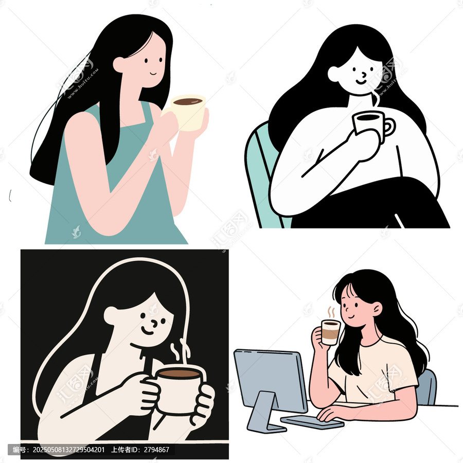 女孩愜意享受咖啡時(shí)刻原創(chuàng)矢量圖