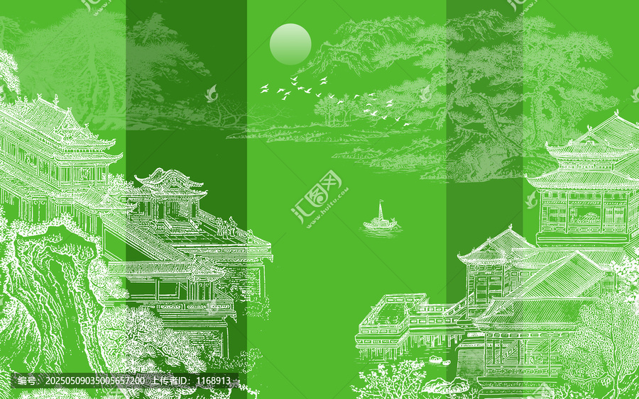 玉綠色山水樓閣刺繡背景墻