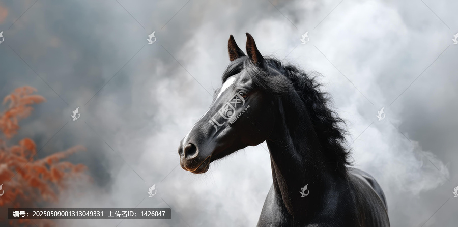 濃霧森林中的黑駿馬