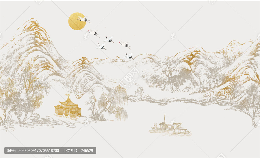 新中式線描肌理山水背景墻