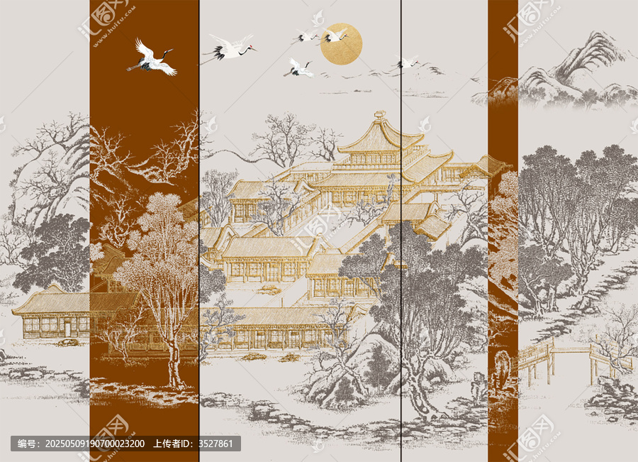 新中式手繪線描山水背景墻