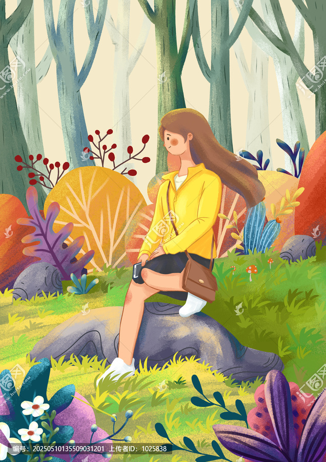 插畫女孩場景手繪小場景