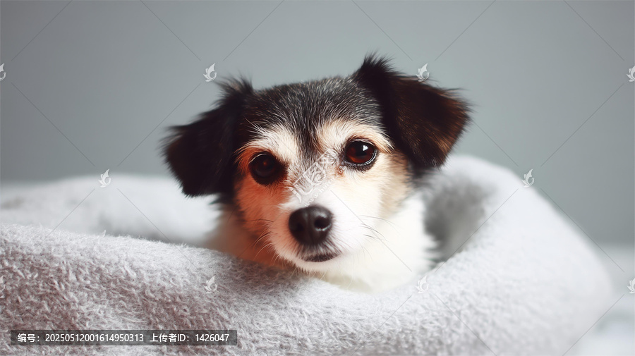 狗狗蜷縮在溫暖的毛毯里