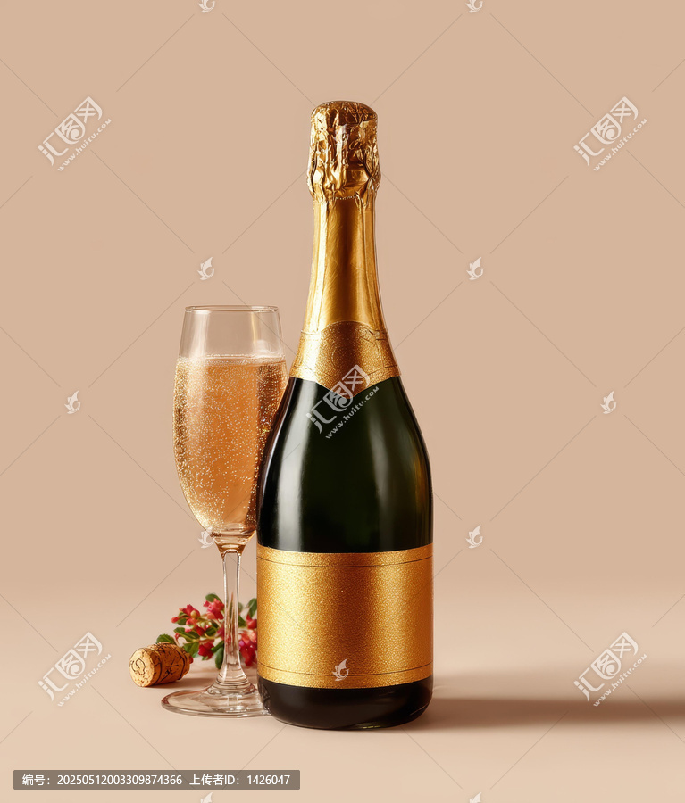 金色香檳瓶和酒杯節(jié)日裝飾