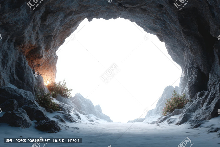 洞穴入口與陽(yáng)光和雪景