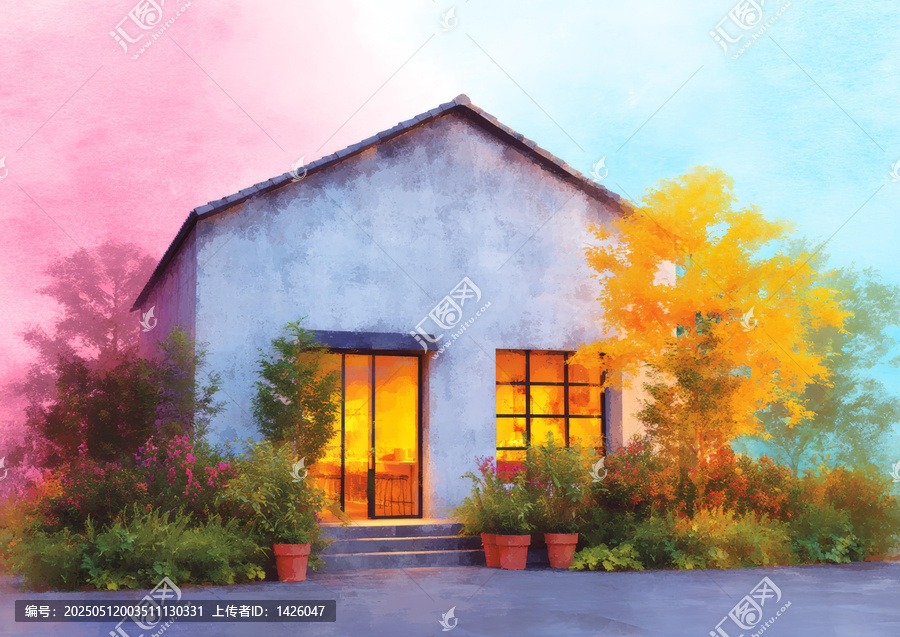 秋日田園小屋水彩畫
