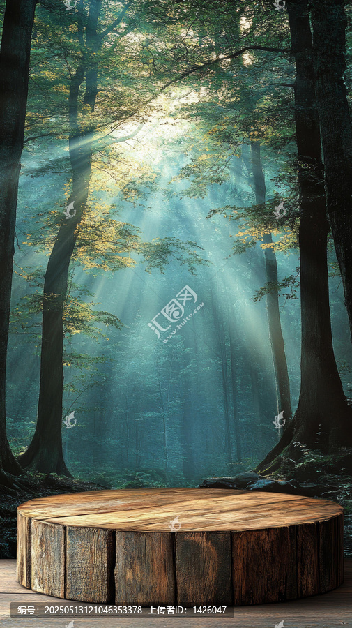 神秘森林場(chǎng)景中的木質(zhì)展示臺(tái)