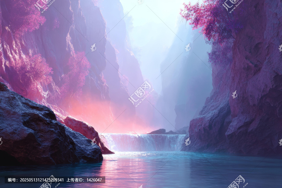 夢(mèng)幻峽谷瀑布與粉紅樹(shù)木