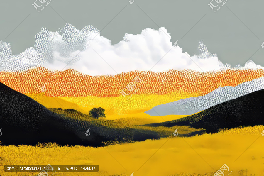 色彩斑斕的山巒與蓬松白云風(fēng)景畫