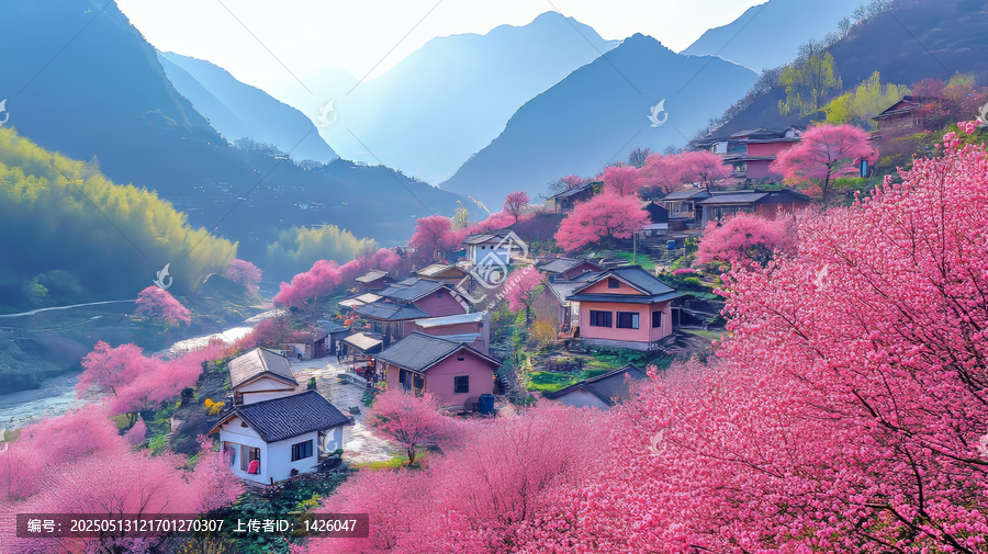 山村櫻花盛開的美景