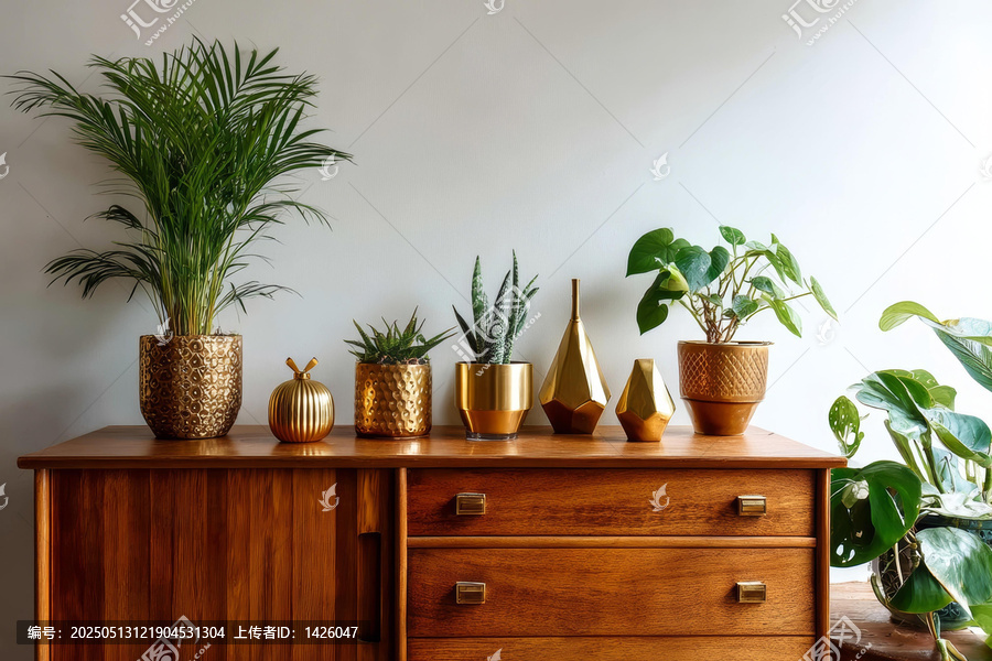 金色的植物擺放在木質(zhì)家具上