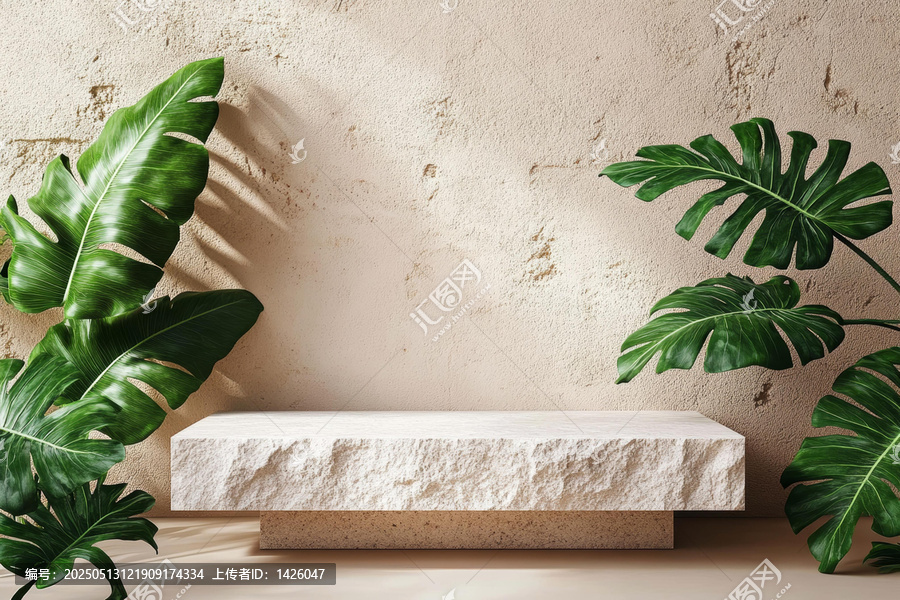 極簡(jiǎn)米白石頭產(chǎn)品展示臺(tái)與熱帶植物