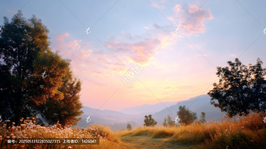 清晨山谷草甸美景