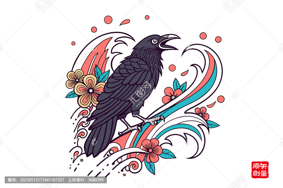 花卉環(huán)繞的黑烏鴉插畫