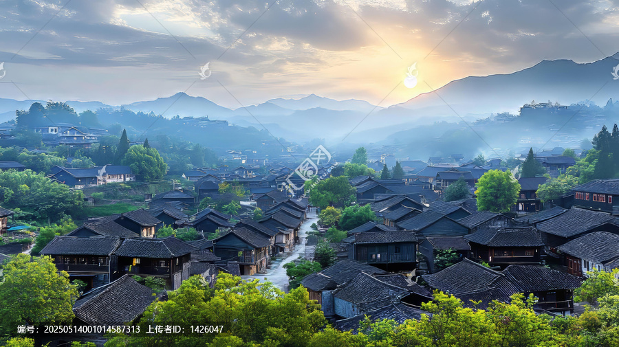 清晨陽光下的中國古村落