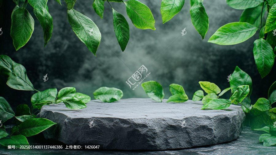 綠植環(huán)繞的石質產(chǎn)品展示臺