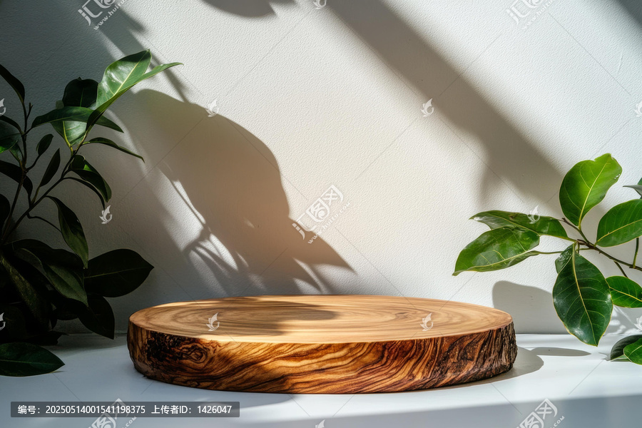 自然光影下的木質(zhì)圓盤展示臺(tái)