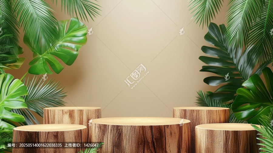 熱帶木質(zhì)展示臺與茂盛植物