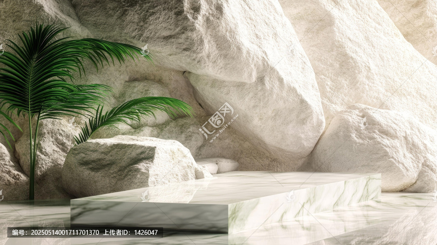 簡(jiǎn)約白色大理石展示臺(tái)與巖石