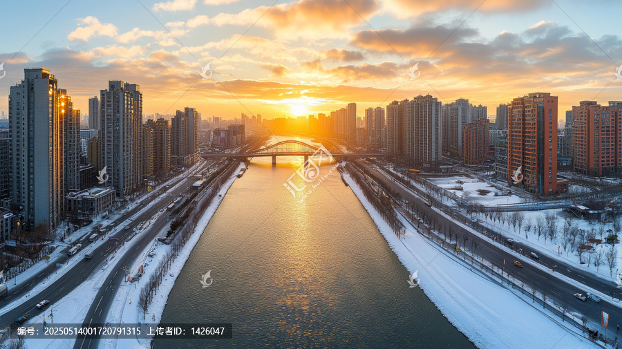 清晨的雪景城市河畔日出