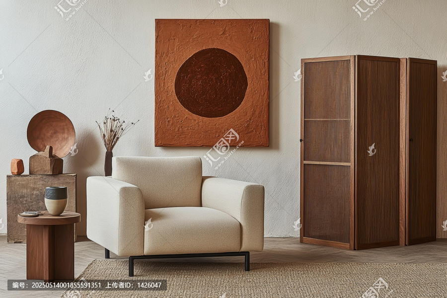 現(xiàn)代米白色沙發(fā)與木質(zhì)展示柜的極簡(jiǎn)客廳