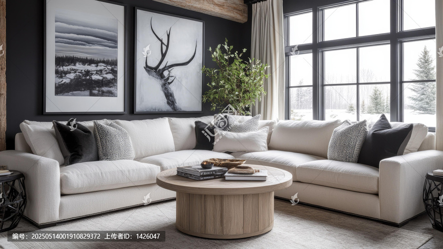 現(xiàn)代鄉(xiāng)村風(fēng)格客廳大窗戶及沙發(fā)組合