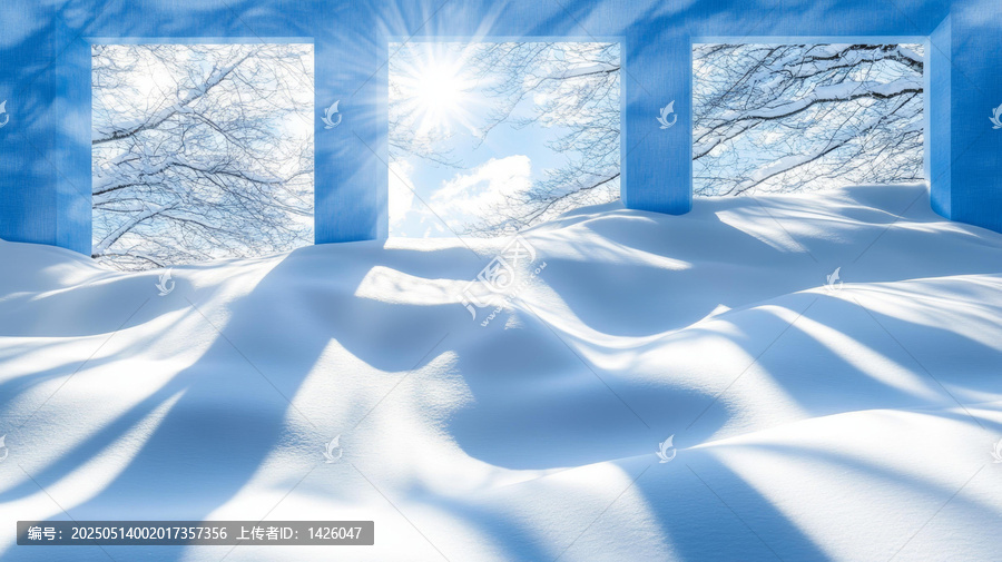 藍(lán)色窗戶下的雪景冬日美景
