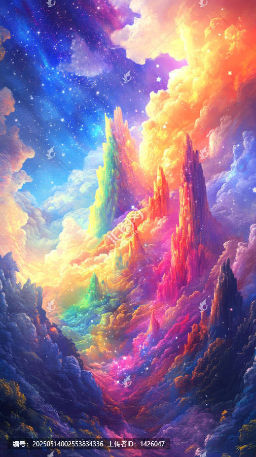 夢幻多彩山巒星空景觀圖
