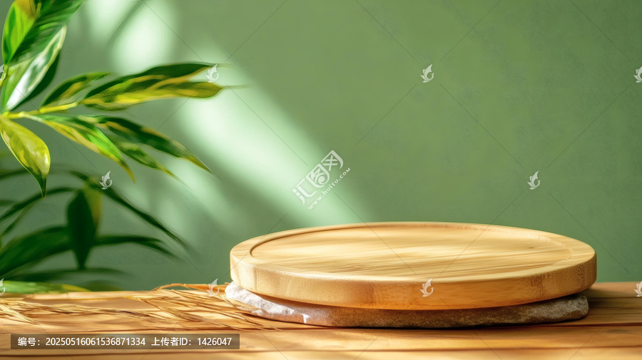 綠色背景下的木質(zhì)展示平臺(tái)