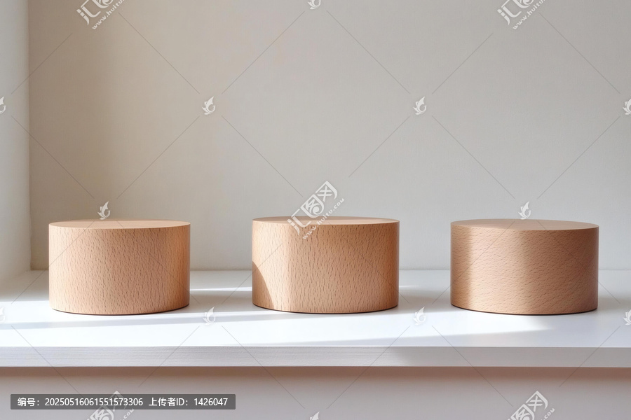三只淺褐色木質圓柱展示臺