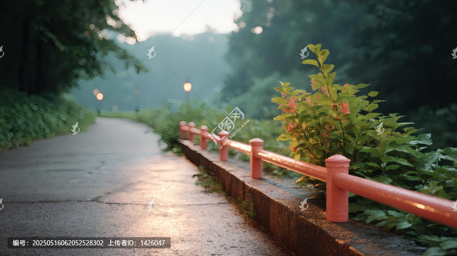 晨霧中的公園小路與粉紅色護(hù)欄