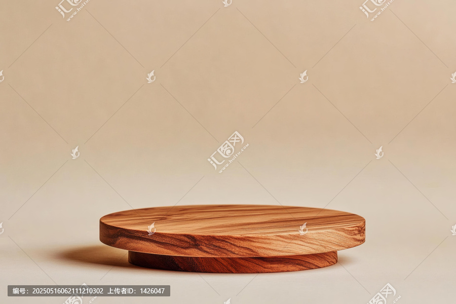淺駝色背景上的木質(zhì)圓形展示臺