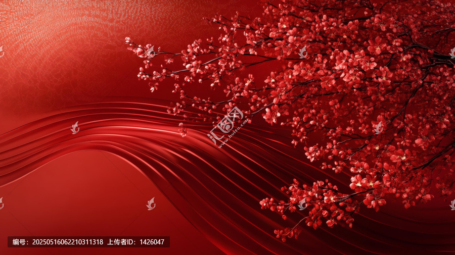 紅色絲綢質(zhì)感與櫻花