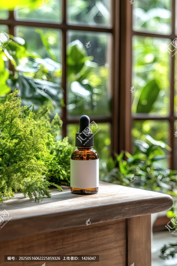 窗邊木質(zhì)桌面上擺放的精油瓶