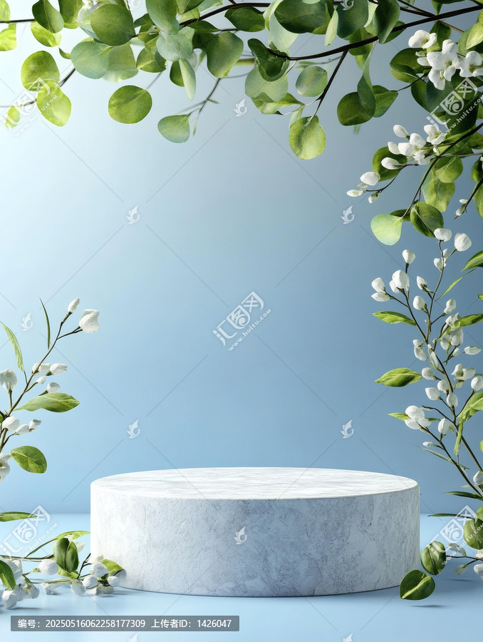 花卉點(diǎn)綴的簡約大理石展臺(tái)