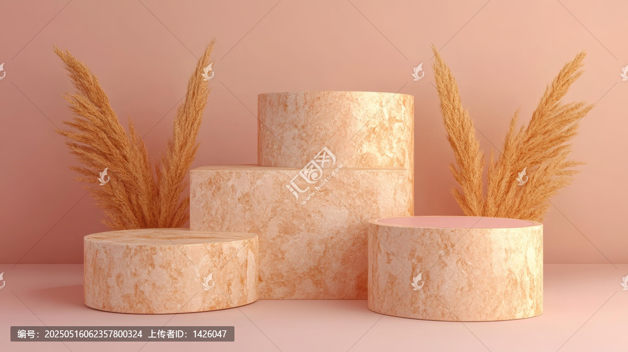 米色粉紅色圓柱形展示臺配蘆葦裝飾
