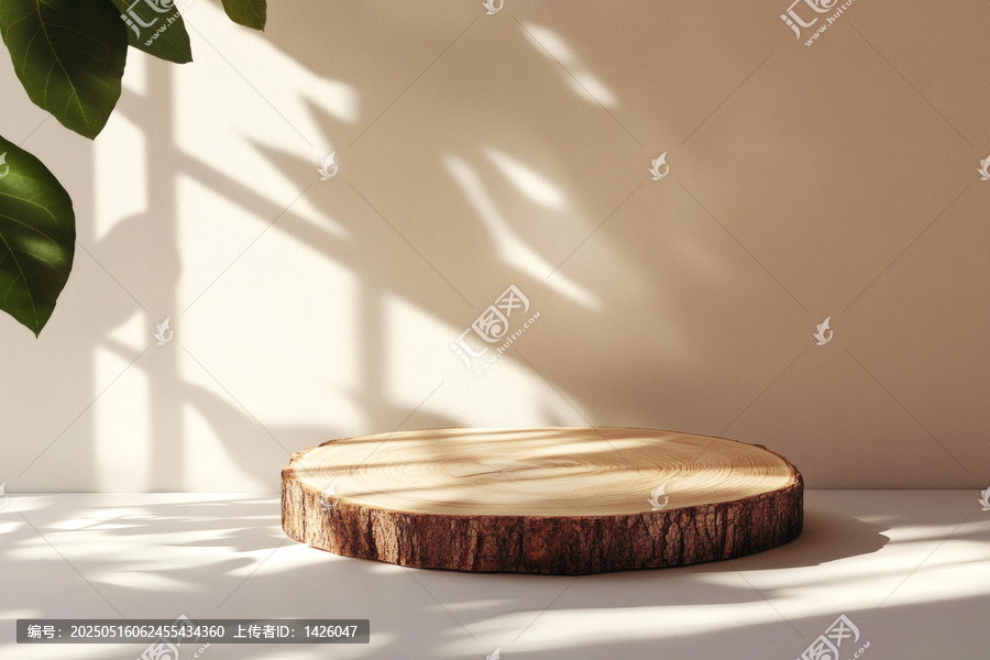 自然光照射下的木質(zhì)圓盤展示臺