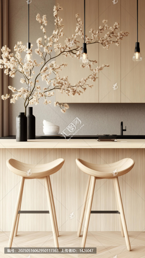 現(xiàn)代木質(zhì)廚房吧臺與櫻花裝飾