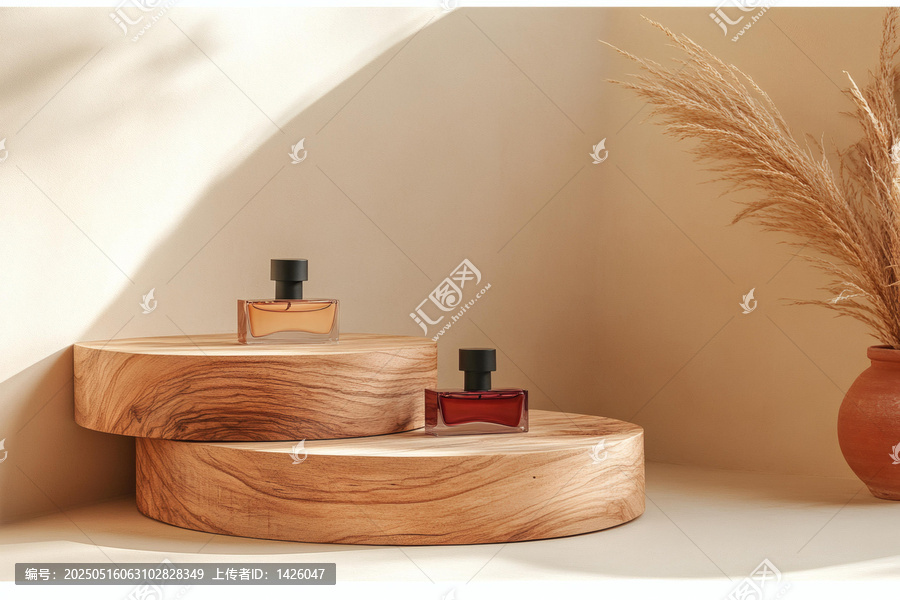 木質展示臺上的香水瓶和蒲公英