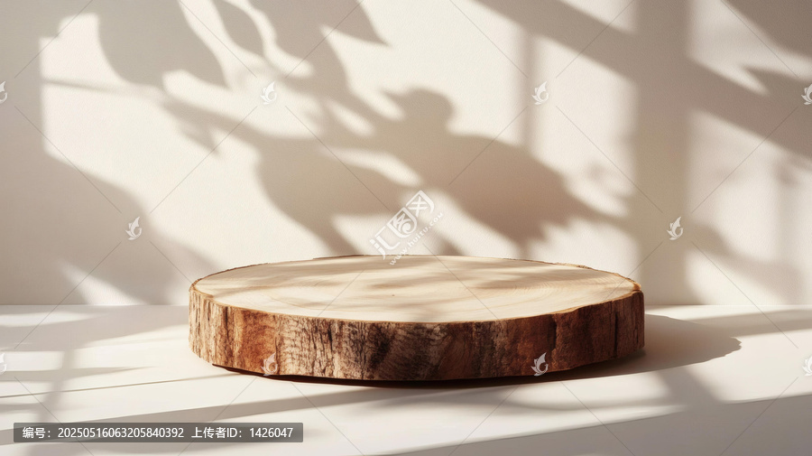 自然光影下的木質(zhì)圓盤(pán)展示臺(tái)