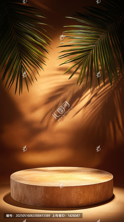 溫暖的棕褐色展臺(tái)與棕櫚葉陰影