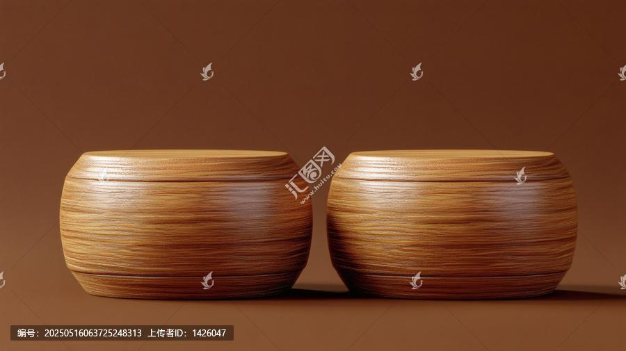 棕色背景上的兩款木質(zhì)圓柱形展示臺(tái)