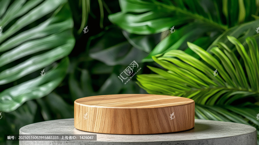 綠色植物背景下的木質(zhì)展示臺