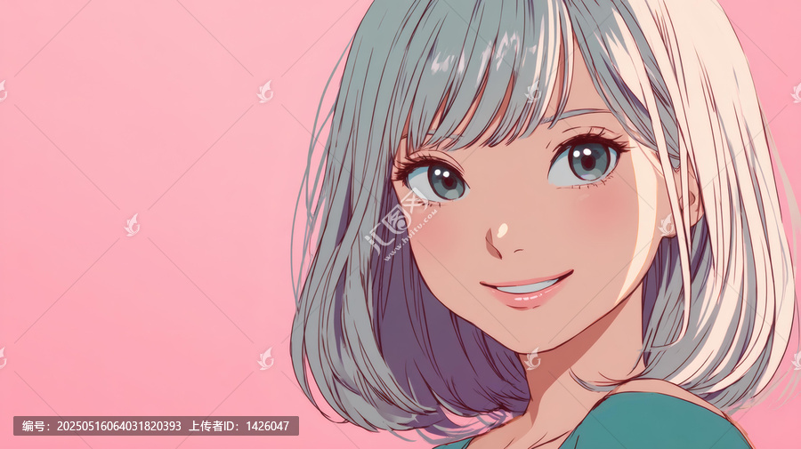 粉色背景下微笑的動(dòng)漫少女