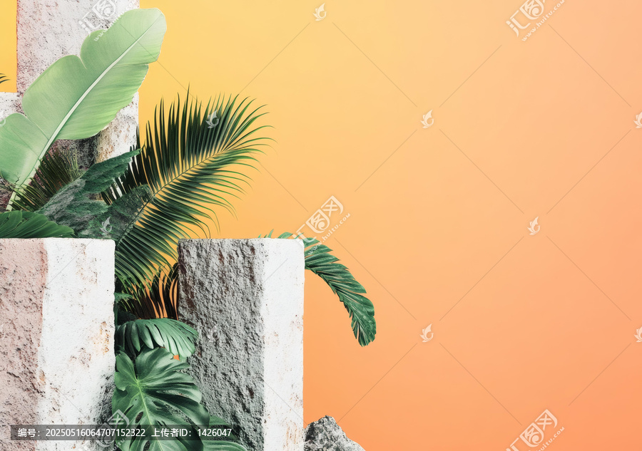 石頭方塊上的熱帶植物抽象背景圖