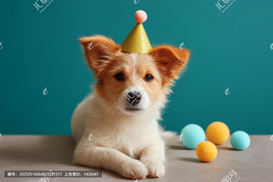 戴生日帽的小狗與彩色球