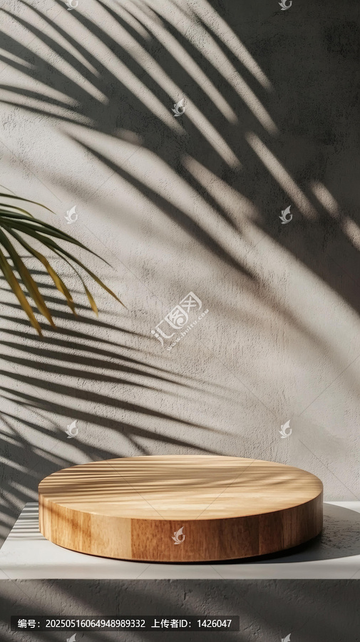 棕櫚葉陰影下的木質(zhì)展示臺(tái)